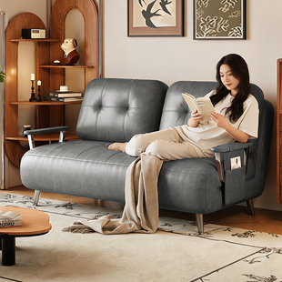 折叠沙发床一体两用中古风2025新款油蜡皮伸缩床客厅小户型单人床