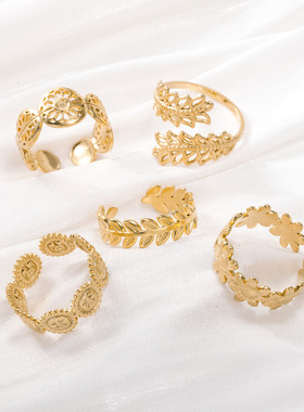 通体钛钢镀18K金不掉色镂空树叶手饰 个性设计不锈钢花朵脸谱