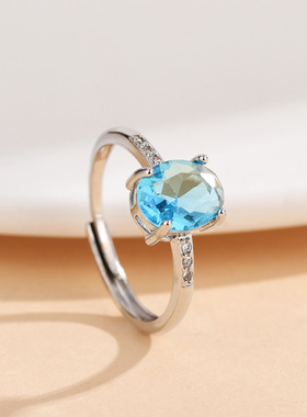 跨境爆款椭圆锆石戒指女小众高级感海蓝宝戒指轻奢设计感钻戒