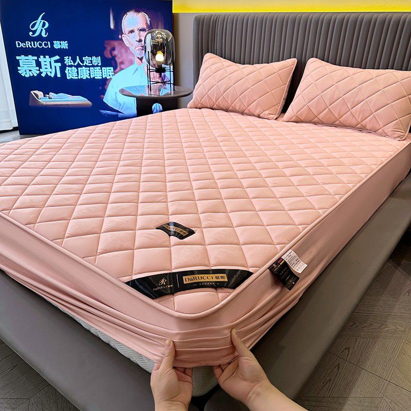 2025新款水洗棉夹棉床笠90*200cm慕斯粉舒适透气床垫配饰