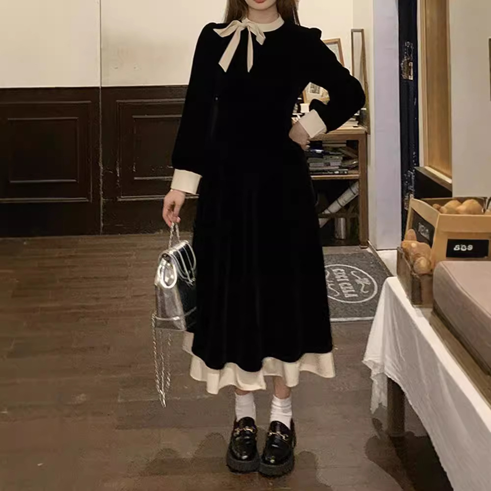 大码赫本风撞色立领蝴蝶