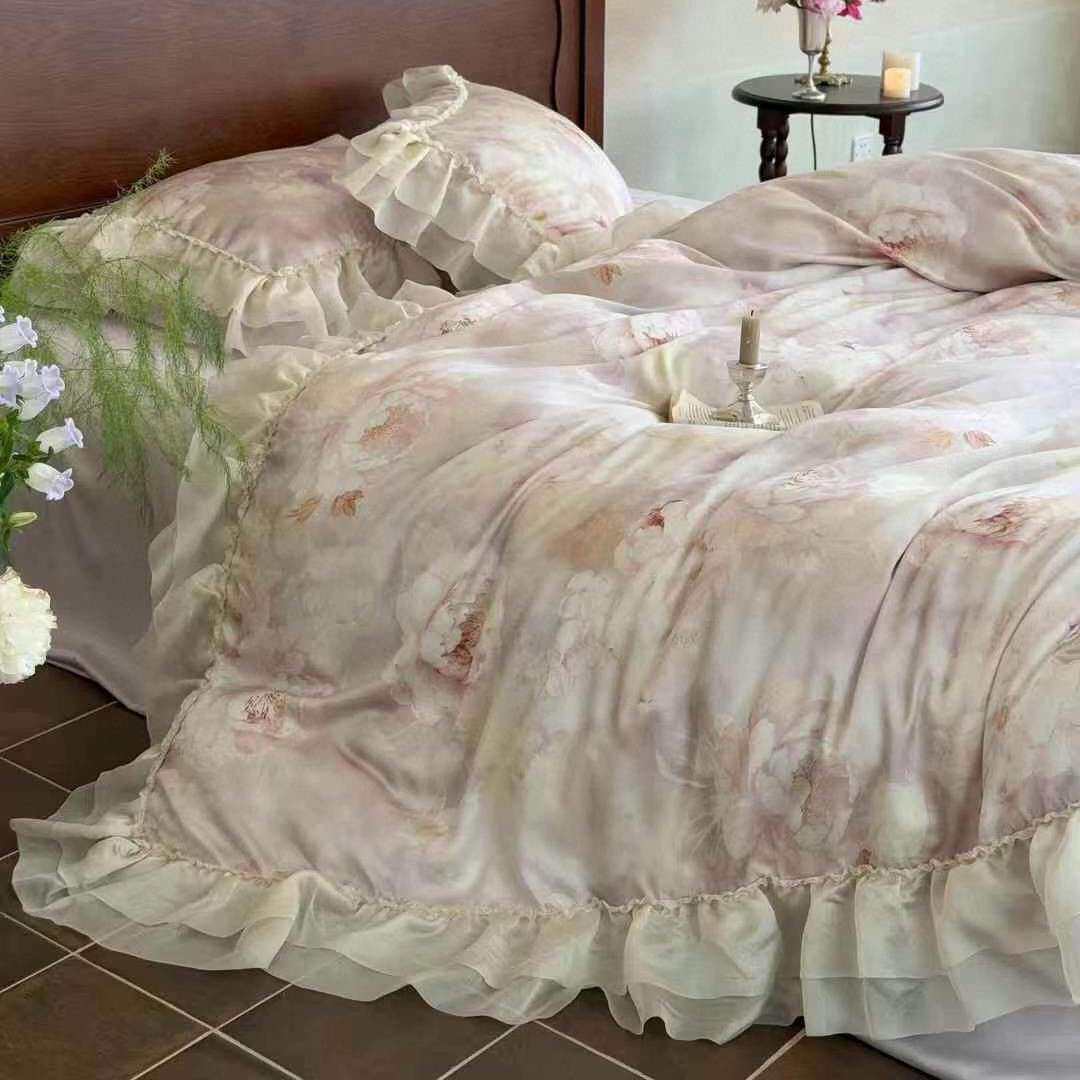 1法式油画风奥地利兰精天丝四件套花卉数码印花冰丝凉感被套床品