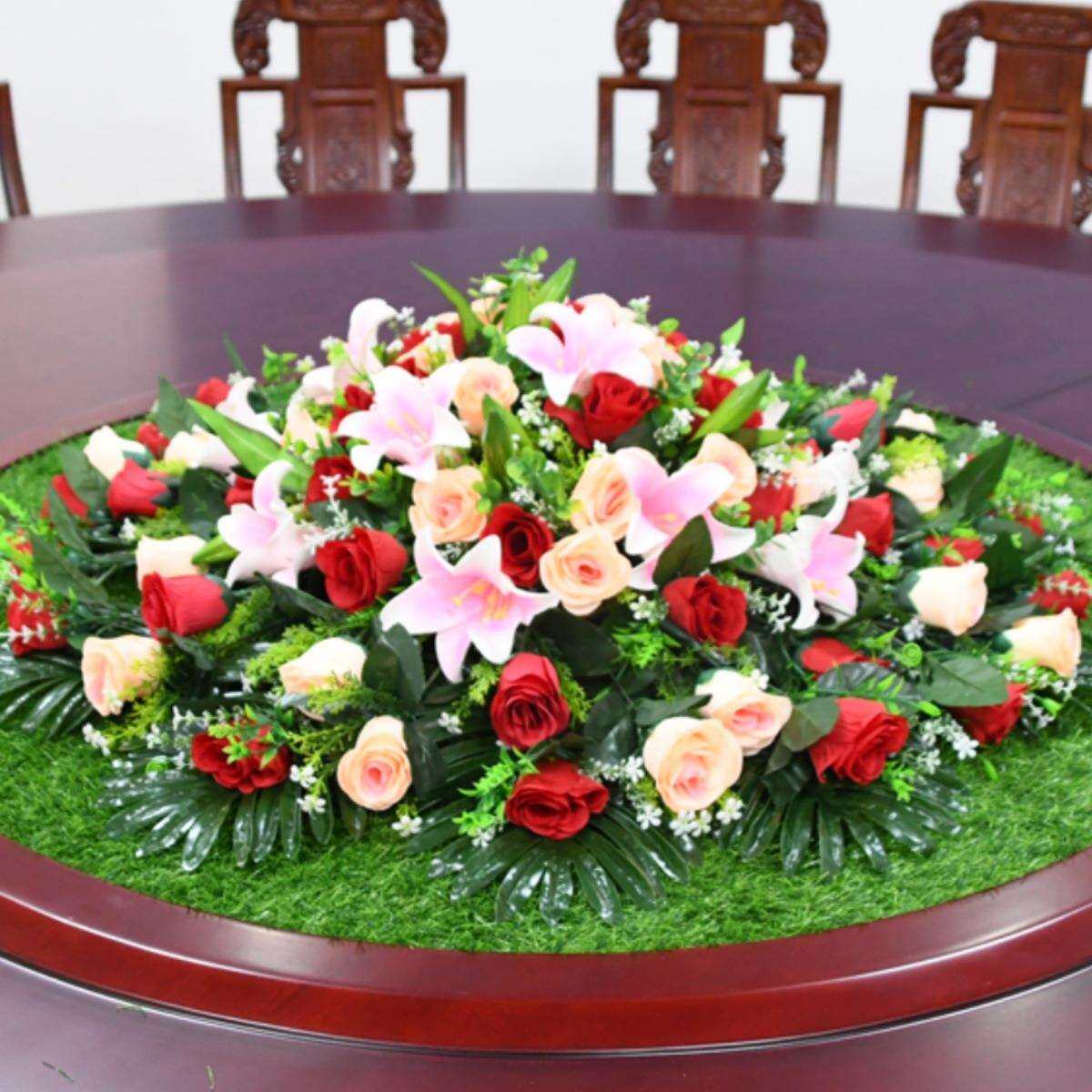 餐桌假花大圆桌中间装饰花摆件人造花圆形转盘绢花草坪草毯花