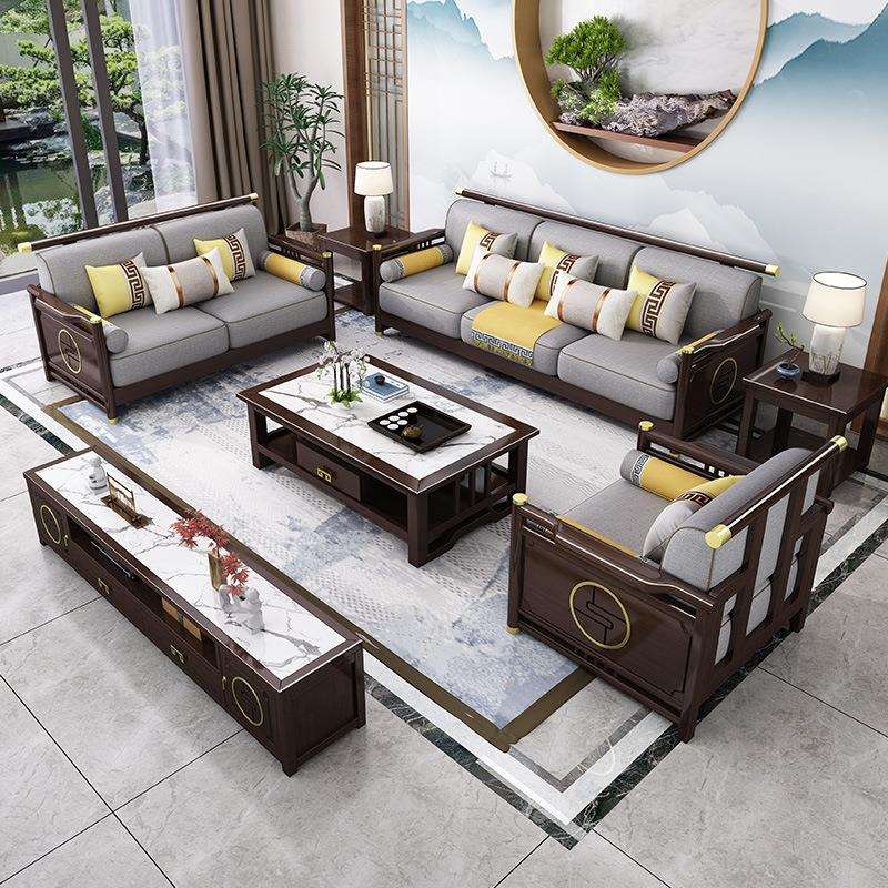 新中式轻奢全实木沙发组合现代中式客厅木加布转角贵妃沙发