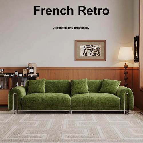中古风格兰德沙发意式高级感布艺直排三人位雪尼尔艺术图案