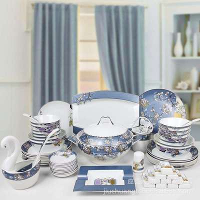 碗碟62头套装家用一套组合中式饭碗家庭碗盘应县陶瓷骨瓷餐具套装