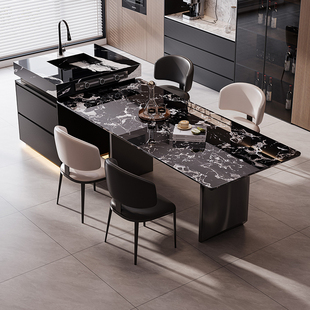 天然奢石岛台餐桌一体黑玫瑰别墅家用客厅高级感带水槽中导台定制
