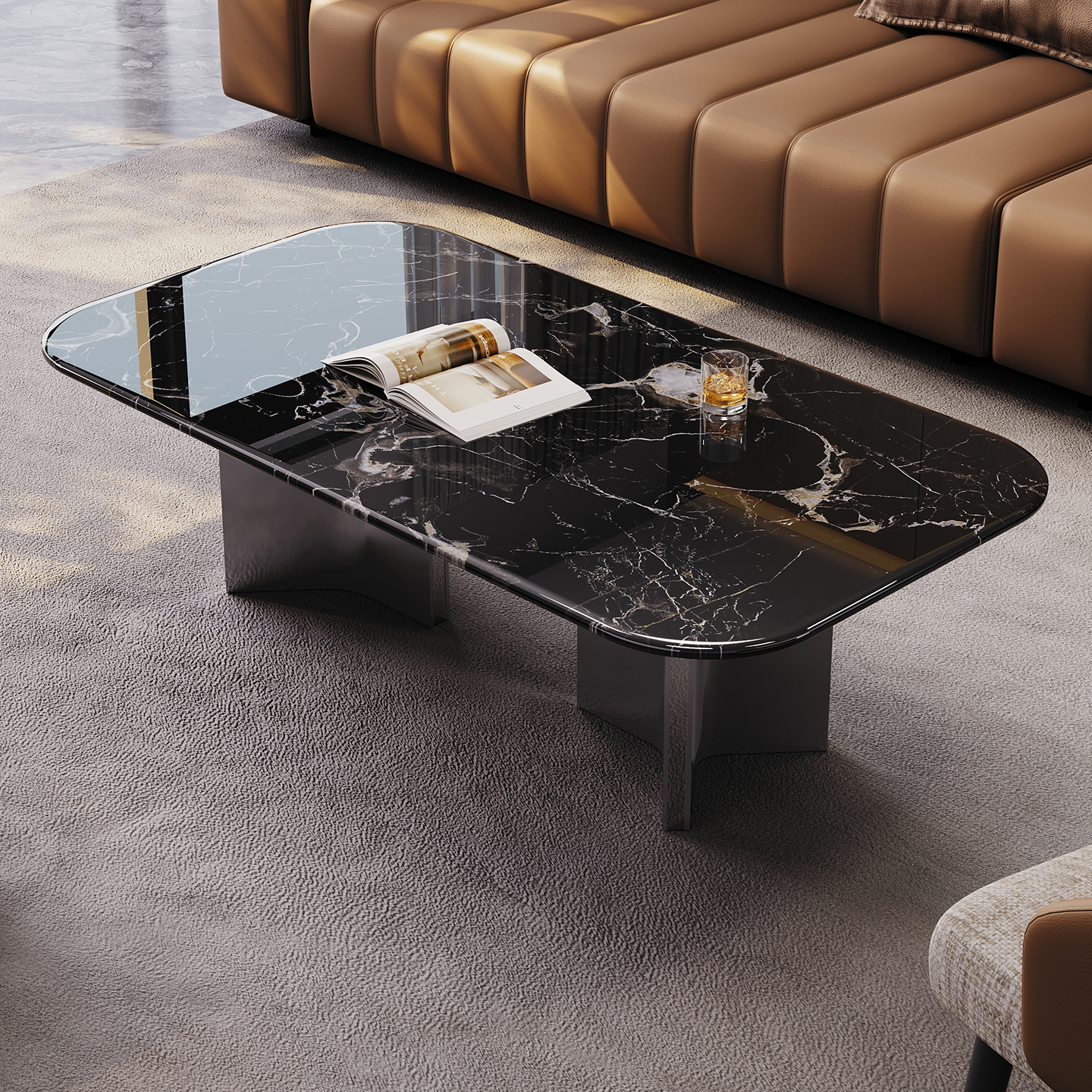 意式轻奢黑玫瑰天然奢石方形茶几