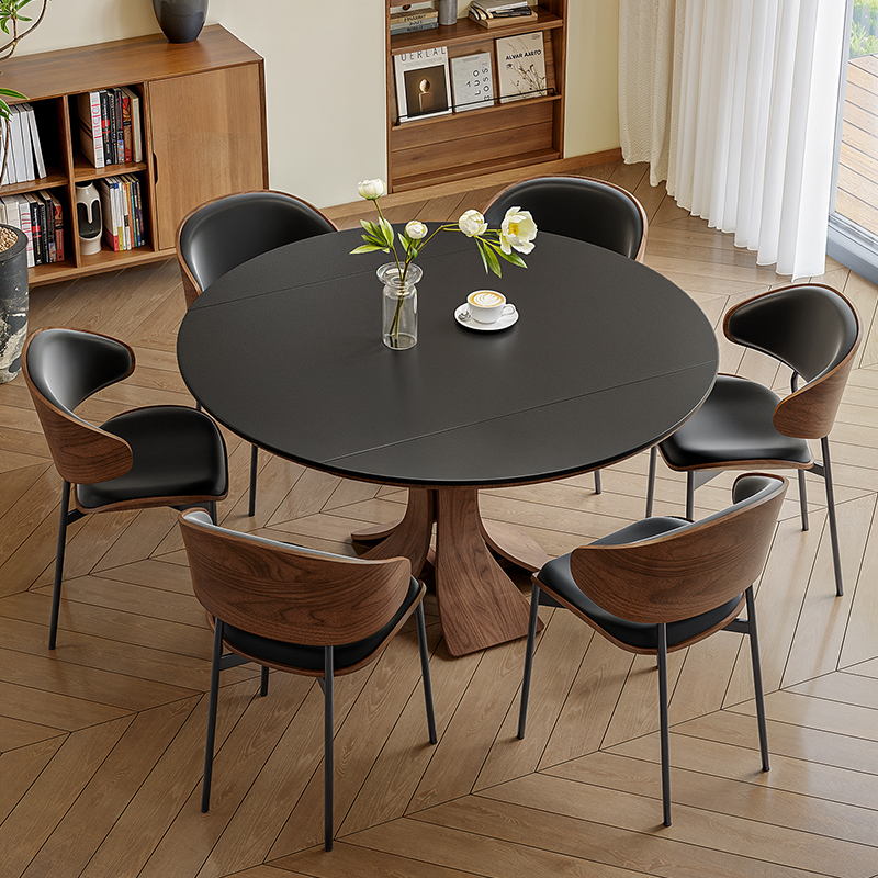 兰朵达复古家用伸缩变圆岩板餐桌