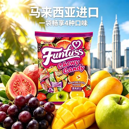 马来西亚原装进口欢特思番石榴黑加仑水果软糖果零食混合口味400g