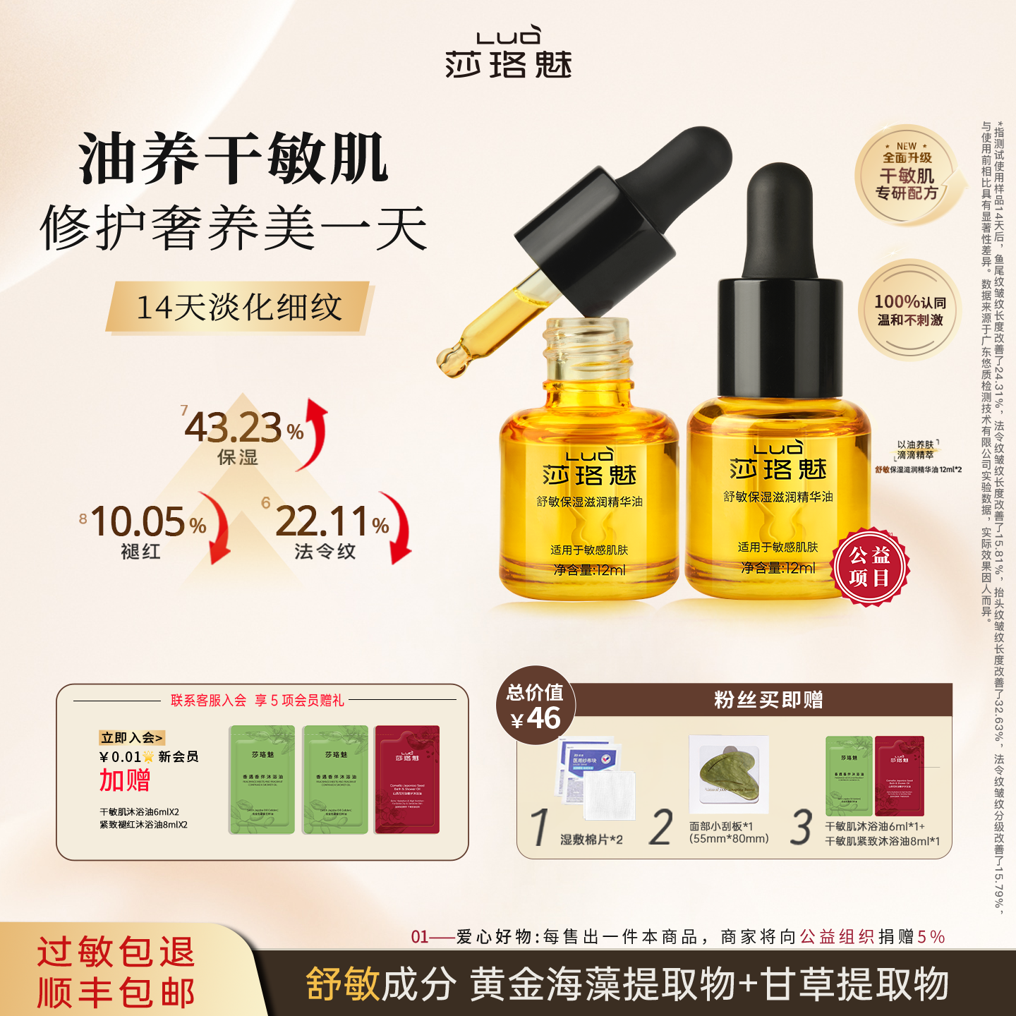 莎珞魅舒敏保湿滋润精华油修护淡纹护屏障干皮敏感肌,美容护肤/美体/精油,精华油,淘宝优惠券,粉丝福利购,淘宝优惠卷