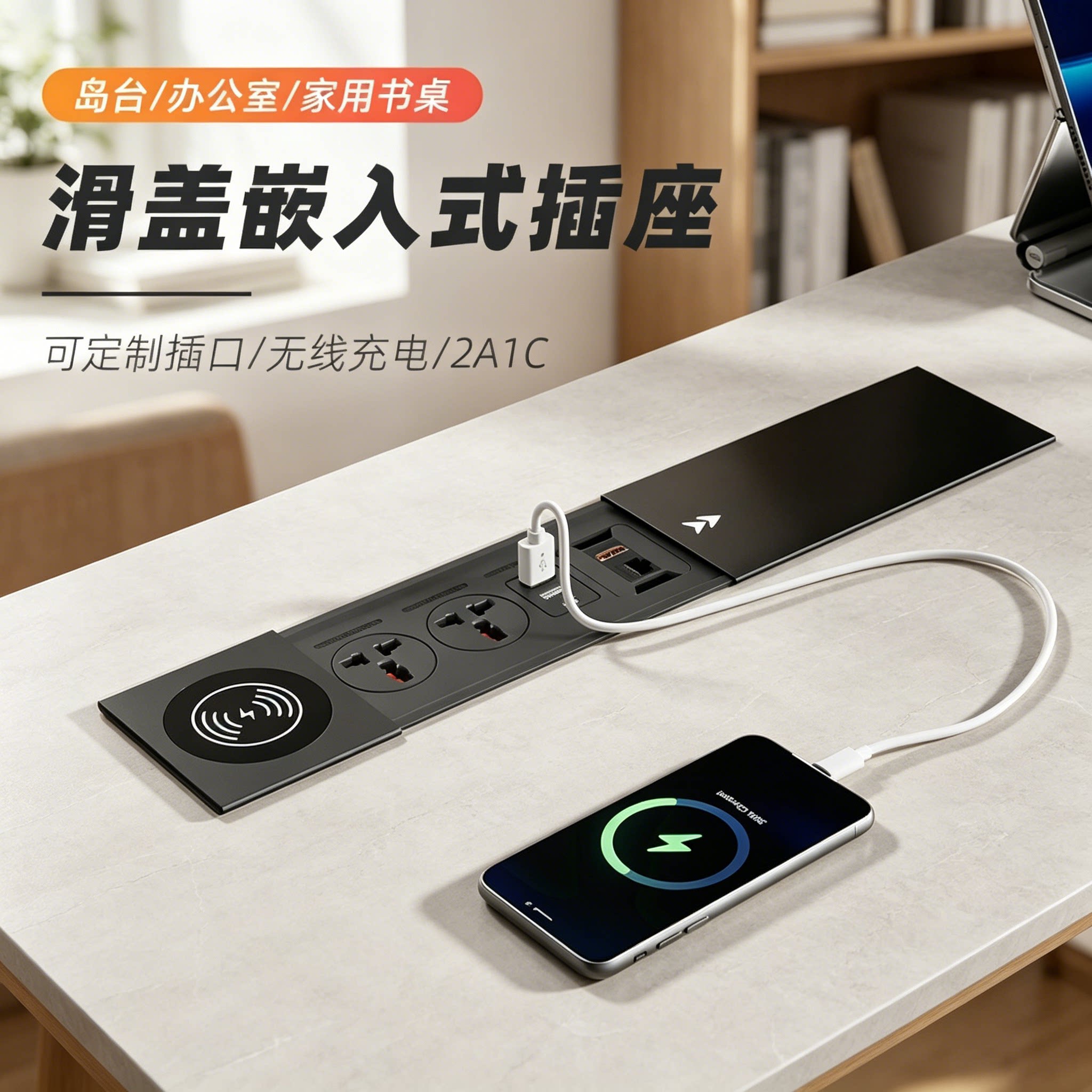 滑盖内嵌式桌面插座办公桌电脑桌无线充电万能孔多功能嵌入式排插