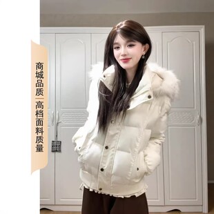 超好看韩系白色连帽毛领棉服女冬季加厚保暖宽松短款外套高级感