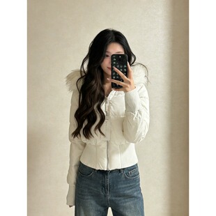 超好看韩系白色连帽短款棉服女秋冬季收腰毛领加厚棉衣小个子外套