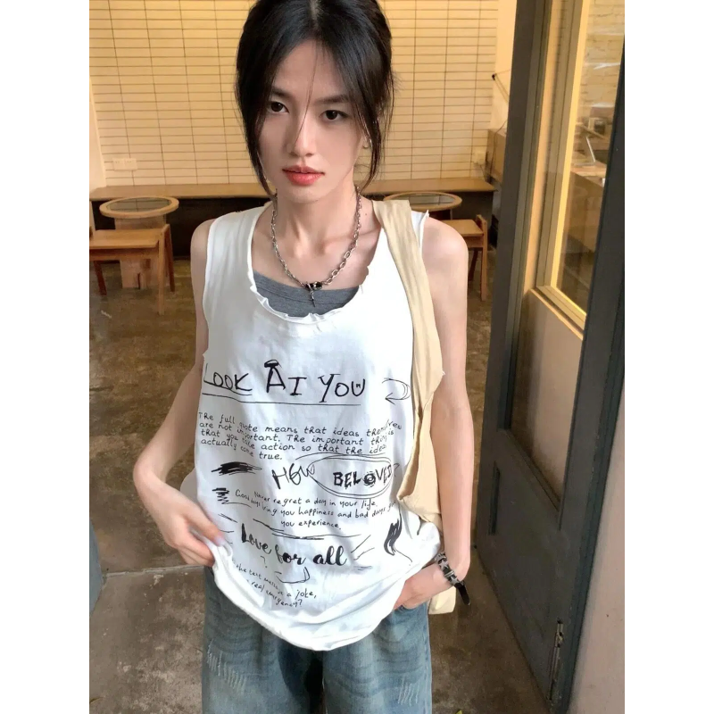 美式复古白色工字宽松背心吊带女夏外穿慵懒风无袖涂鸦字母上衣
