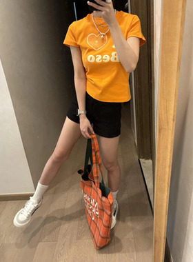 多巴胺橙色正肩t恤女夏爱心水果印花修身显瘦短袖辣妹收腰短上衣