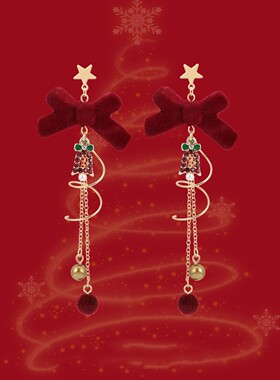 圣诞节饰品镶钻铃铛耳钉红色植绒蝴蝶结秋冬耳环无耳洞耳夹女耳饰