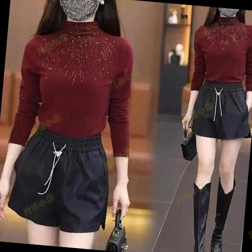 半高领长袖打底衫女秋冬2025新款枣红色上衣高级感烫钻修身打底衣