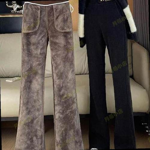 雪尼尔特厚羊羔绒女大码200斤冬季加绒加厚阔腿显瘦休闲喇叭裤子