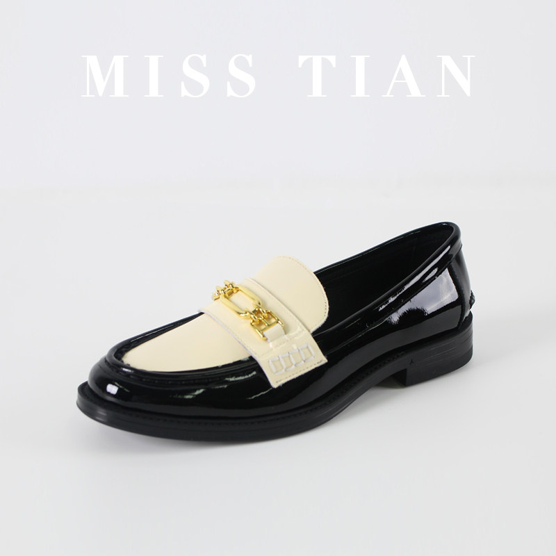 MENGJIAN田老板力荐黑白撞色牛皮乐福鞋春季新款女士平底真皮鞋子,女鞋,浅口单鞋,淘宝优惠券,粉丝福利购,淘宝优惠卷