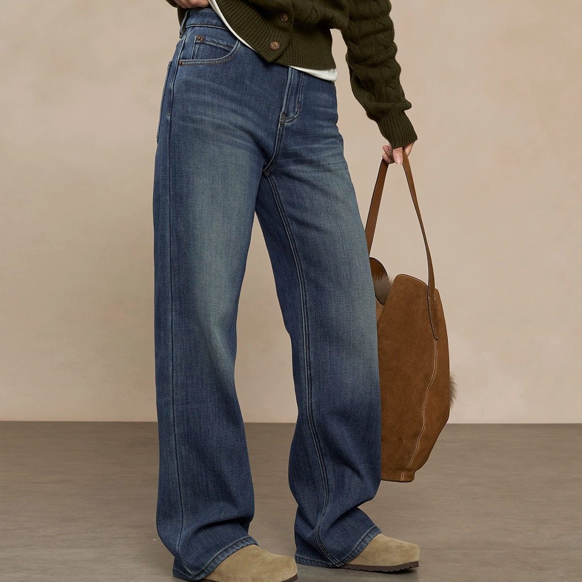 深蓝色加绒牛仔直筒长裤拖地裤