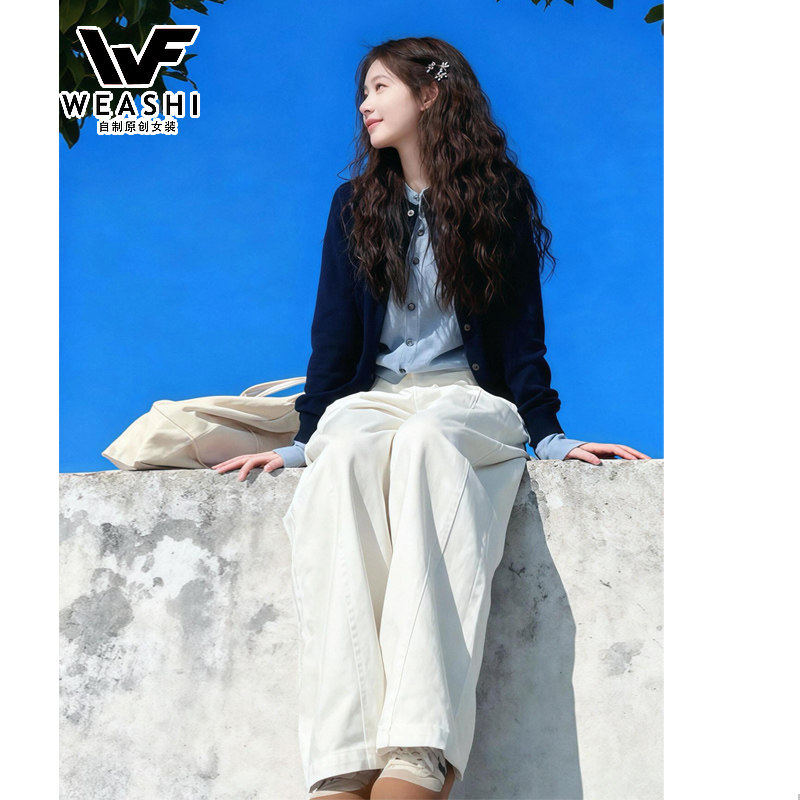 美式白色阔腿工装牛仔裤女2026春季新款设计感宽松直筒弯刀拖地裤