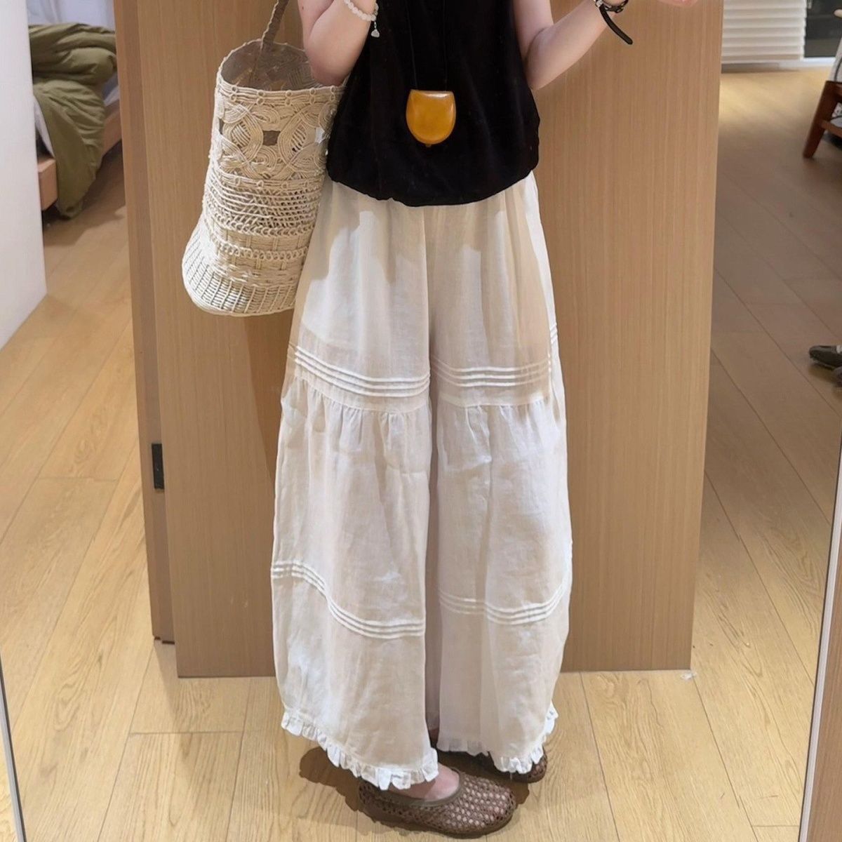 夏季推荐!森系花边拼接压褶阔腿裤女韩系宽松随性百搭显瘦休闲裤