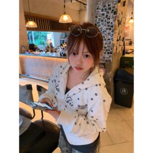 美式星星满印刺绣短款连帽卫衣女2025新款早秋宽松拉炼外套上衣服