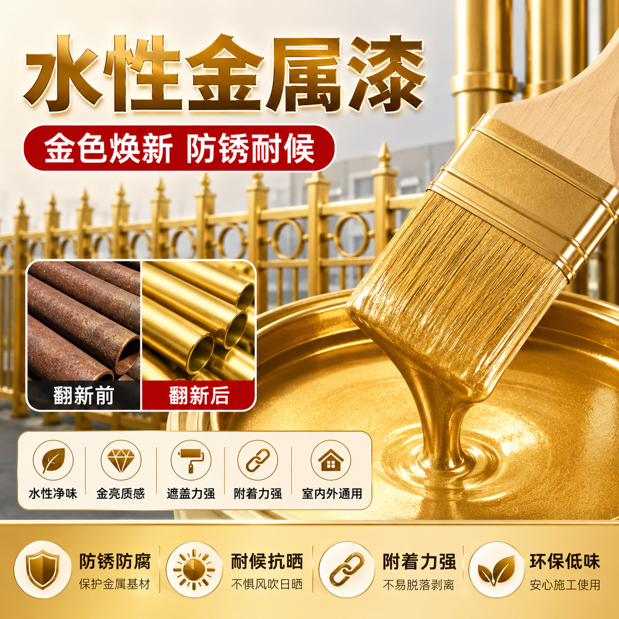 黄金色金属漆水性防腐底漆栏杆铁门免打磨彩钢瓦多色漆翻新油漆