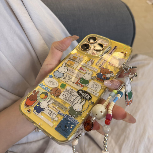 ins半透黄色玩滑板车米菲兔适用手机壳iphone15/14/13双面少女亮面16pro防摔苹果14pro女新款iPhone15pro全包