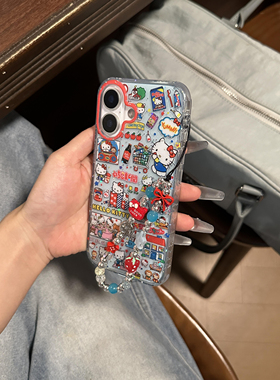 ins透色红蓝满屏kitty小插画双层印花韩系14适用iphone16promax苹果16pro手机壳苹果16/13软15Promax保护套女