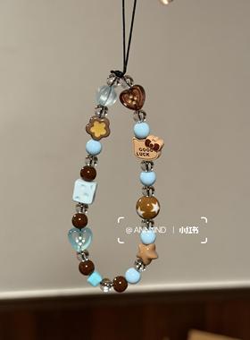 ins风蓝棕星星kt猫纽扣韩系手机链串珠挂件手机手链ccd挂件相机链