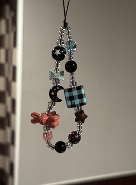 ins风韩系手机链粉色兔子月亮蓝格子串珠手链ccd挂件相机挂件挂饰