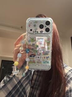ins韩系半透闪粉波点拓麻拼贴双层印花适用iphone17promax手机壳苹果17pro新款 14防摔16 15创意16pro女13