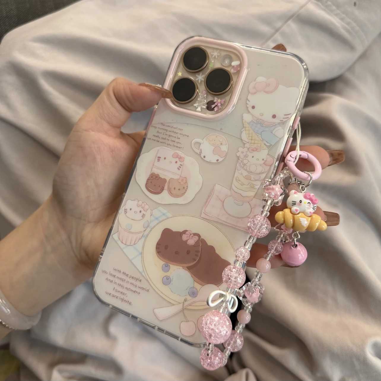 ins日韩风可爱KT猫适用苹果16Promax手机壳iPhone15Promax新款13高级感14保护套防摔硅胶12全包带链条女款软p