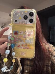 ins韩系可爱透黄细闪米菲拼接双层印花适用iphone17promax手机壳苹果17pro新款 14防摔17保护套15 16pro女13