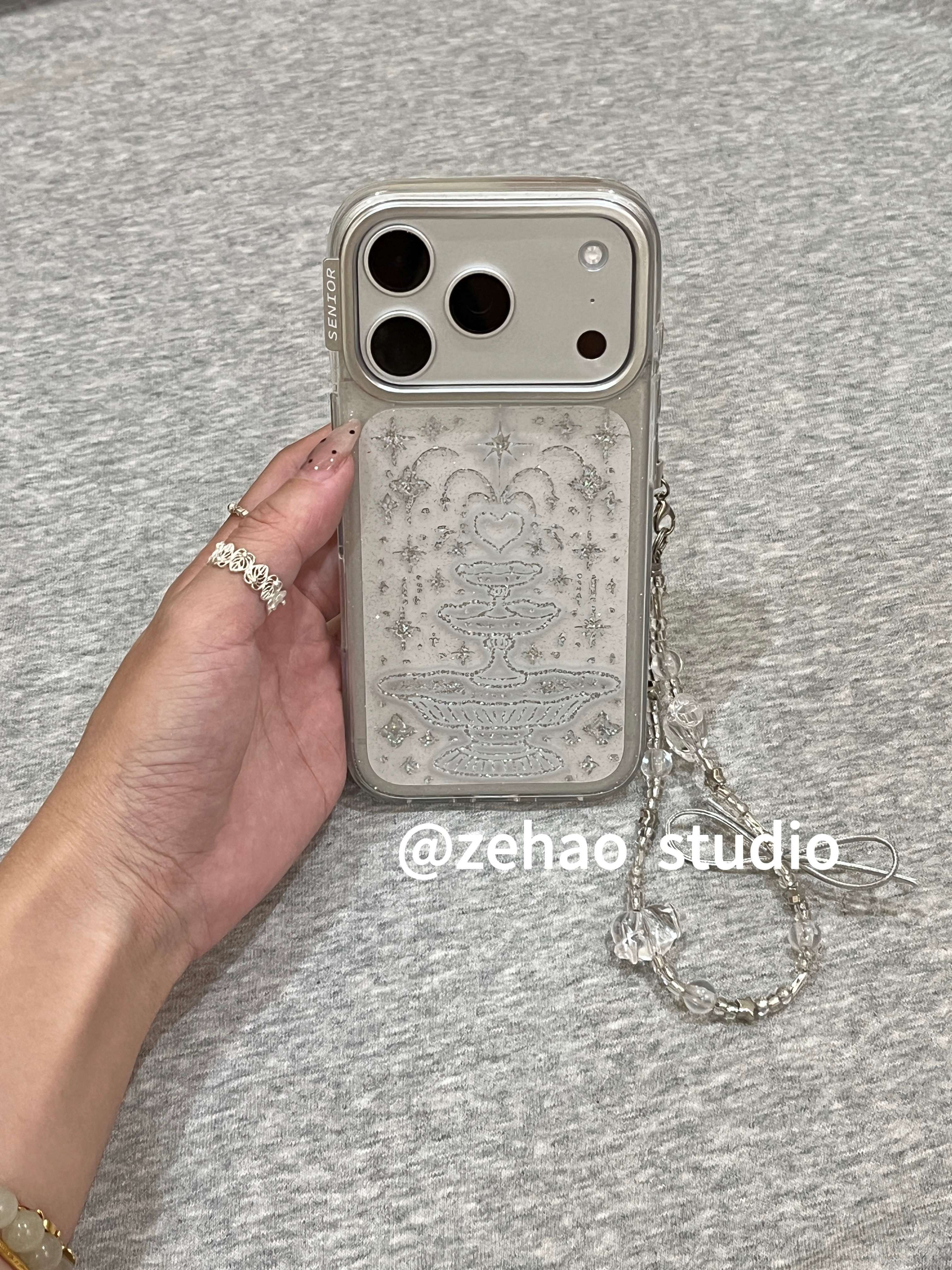 ins韩系透明细闪爱心喷泉双层印花适用iphone17promax手机壳17苹果17pro新款15创意16pro女13/14双层防摔16