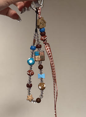 ins风手机链棕色飘带方格橄榄球挂件百搭手机挂件蓝珠ccd相机挂件