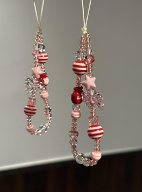 ins风韩系手机链红珠子粉星星蝴蝶结苹果手链串珠ccd挂件相机挂件