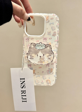 ins趣味摇摇乐卡通猫咪支架适用苹果15手机壳iphone16promax新款双层13防摔14硅胶保护套女15Pro可爱创意