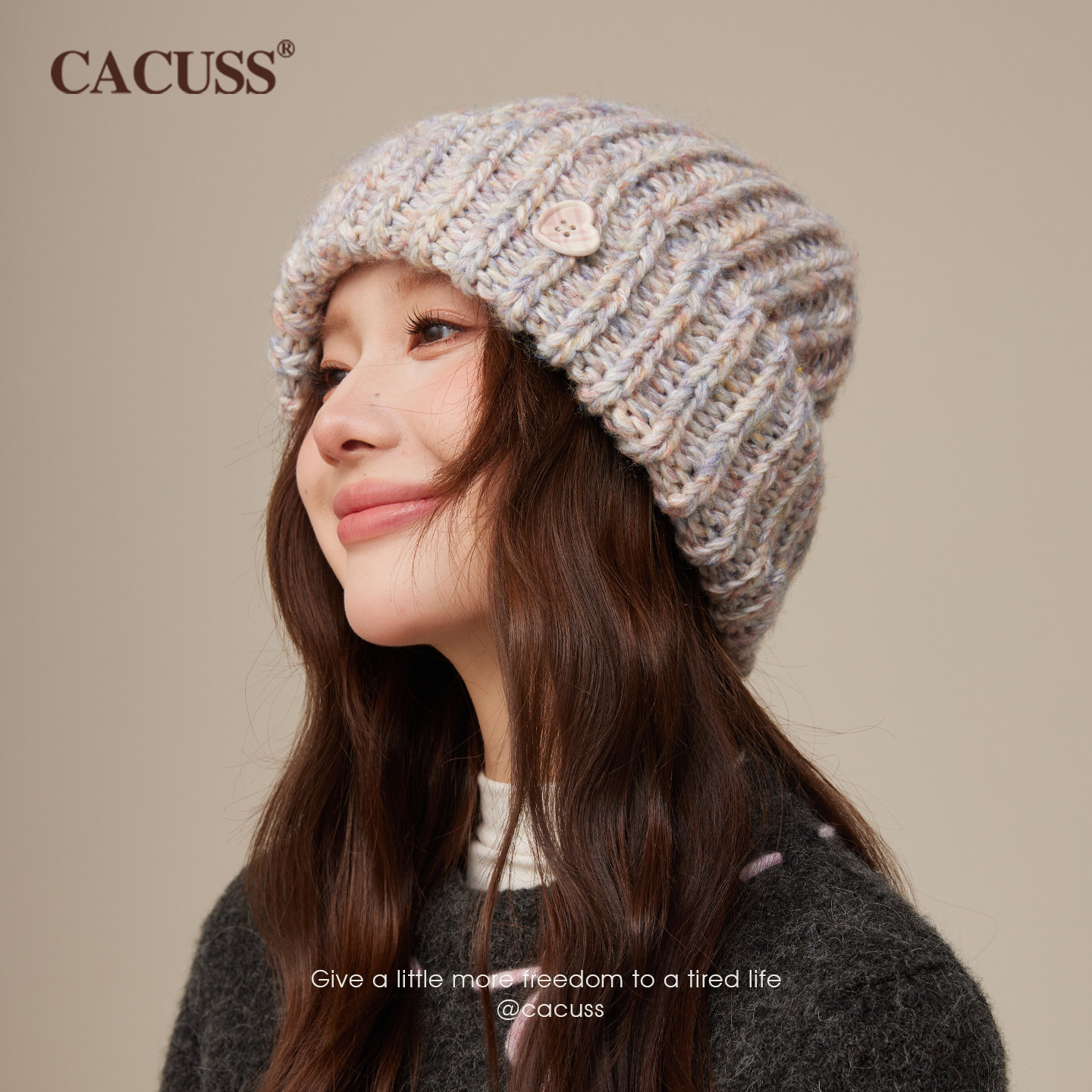 CACUSS毛线帽秋冬帽子女款含羊毛加厚保暖粗线针织帽大头围护耳帽