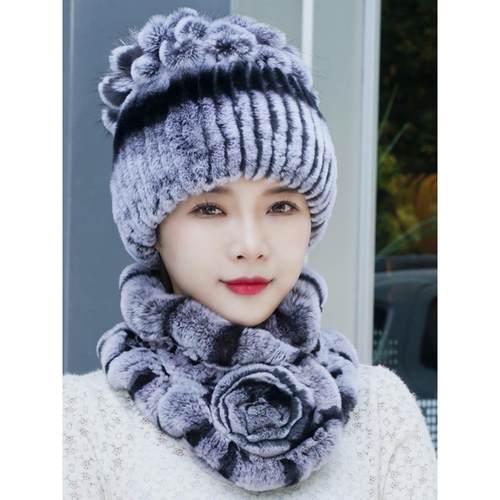 皮草帽子围巾獭兔毛两件套女士冬季新款保暖加厚新百搭时尚护耳帽