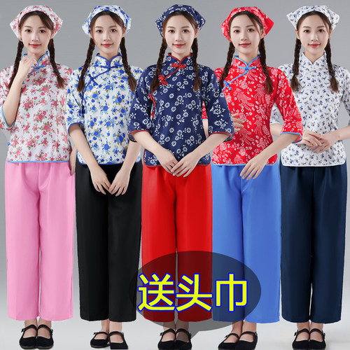 阿庆嫂碎花采茶女村姑衣服民族舞蹈秧歌服五四青年女采茶演出服装