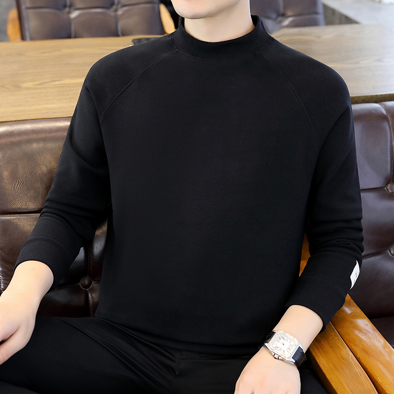 2025年秋冬季新款纯黑色德绒半高领打底衫男潮流休闲简约修身卫衣