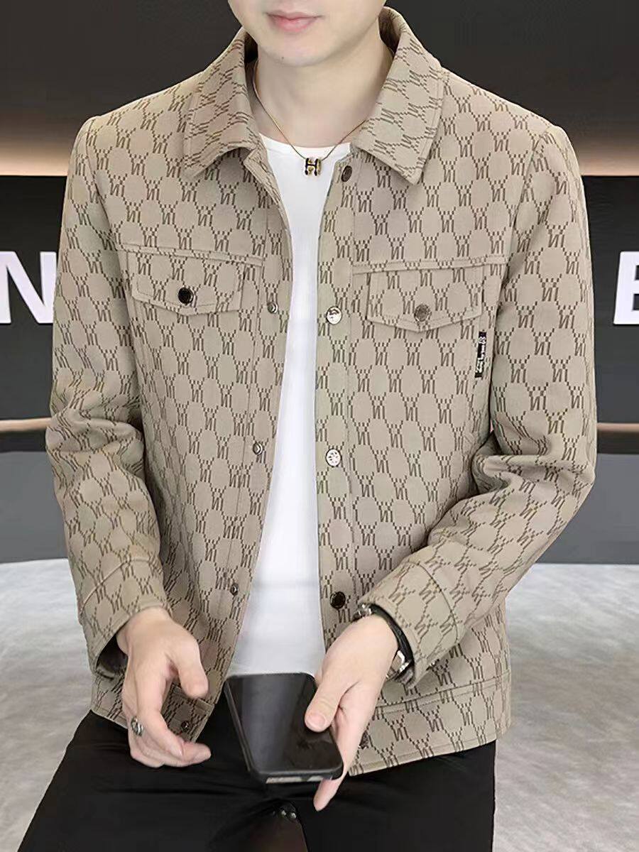 高端商务外套男士2025秋季新款潮牌翻领休闲工装痞帅修身提花夹克