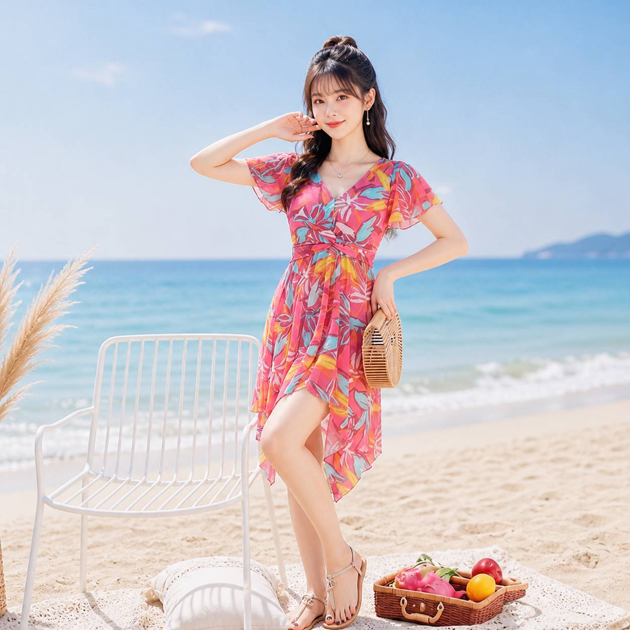 大码碎花连体泳衣女遮肉显瘦不规则裙摆保守度假温泉裙式游泳衣