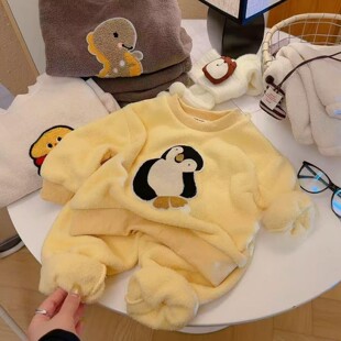 婴儿衣服冬季加绒保暖睡衣家居服卡通套装1一3岁半男女宝宝秋冬装