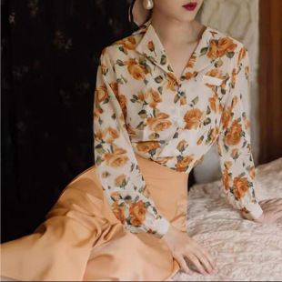 港风套装 复古高腰黄色半身裙气质显瘦轻熟两件套裙子 女夏花色衬衫