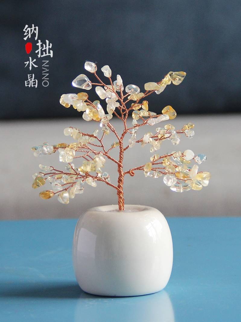 迷你天然粉水晶树摆件办公室桌面发财树家居装饰乔迁紫黄原创礼物