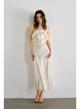 PynkiSwear 香槟白/蓝色挂脖荷叶边缎面抹胸长裙修身高智连衣裙女